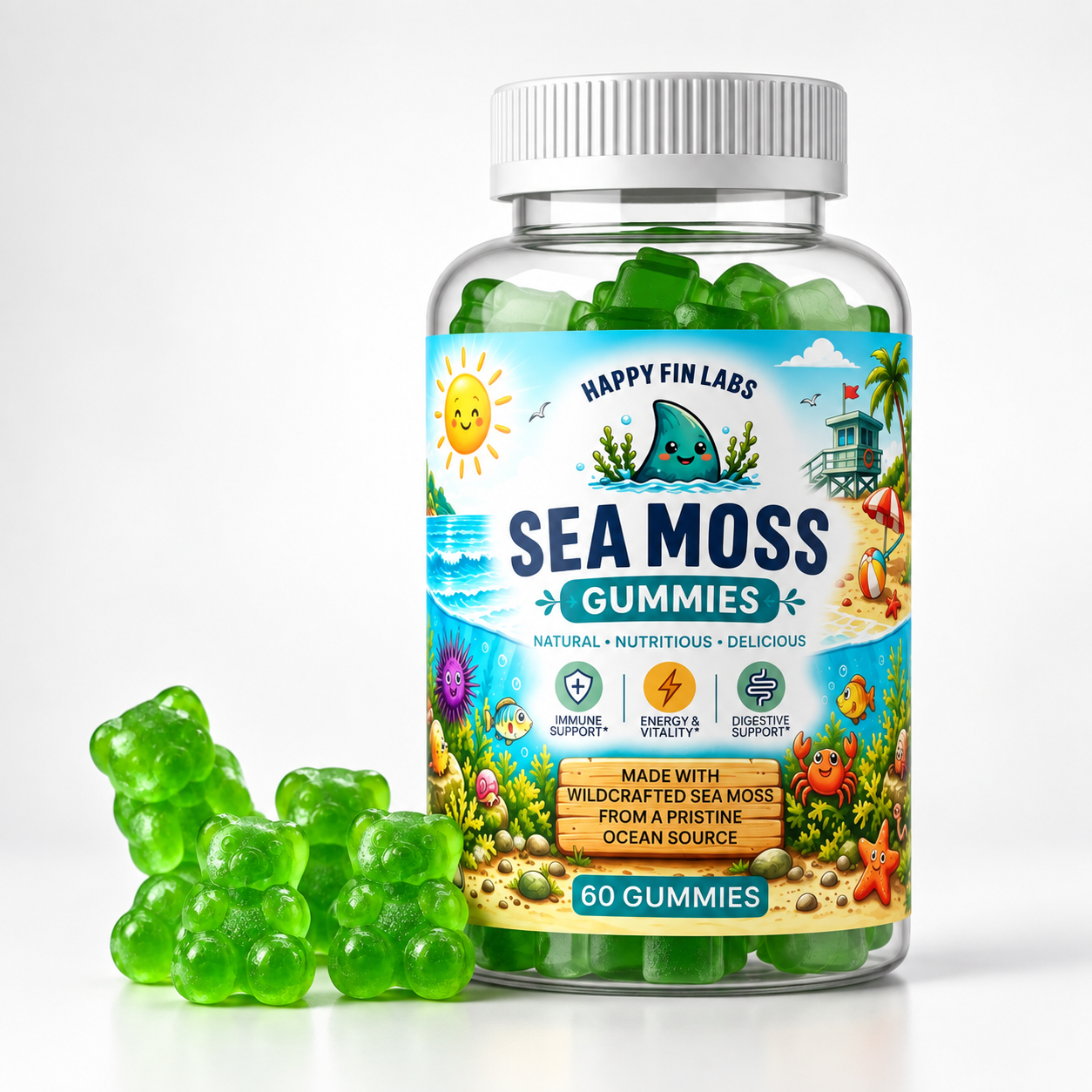 Happy Fin Labs Sea Moss Gummies with bottle